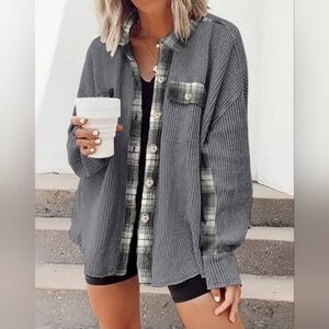 Women's Gray And Plaid Oversized Ribbed Button Down Shirt Size XL